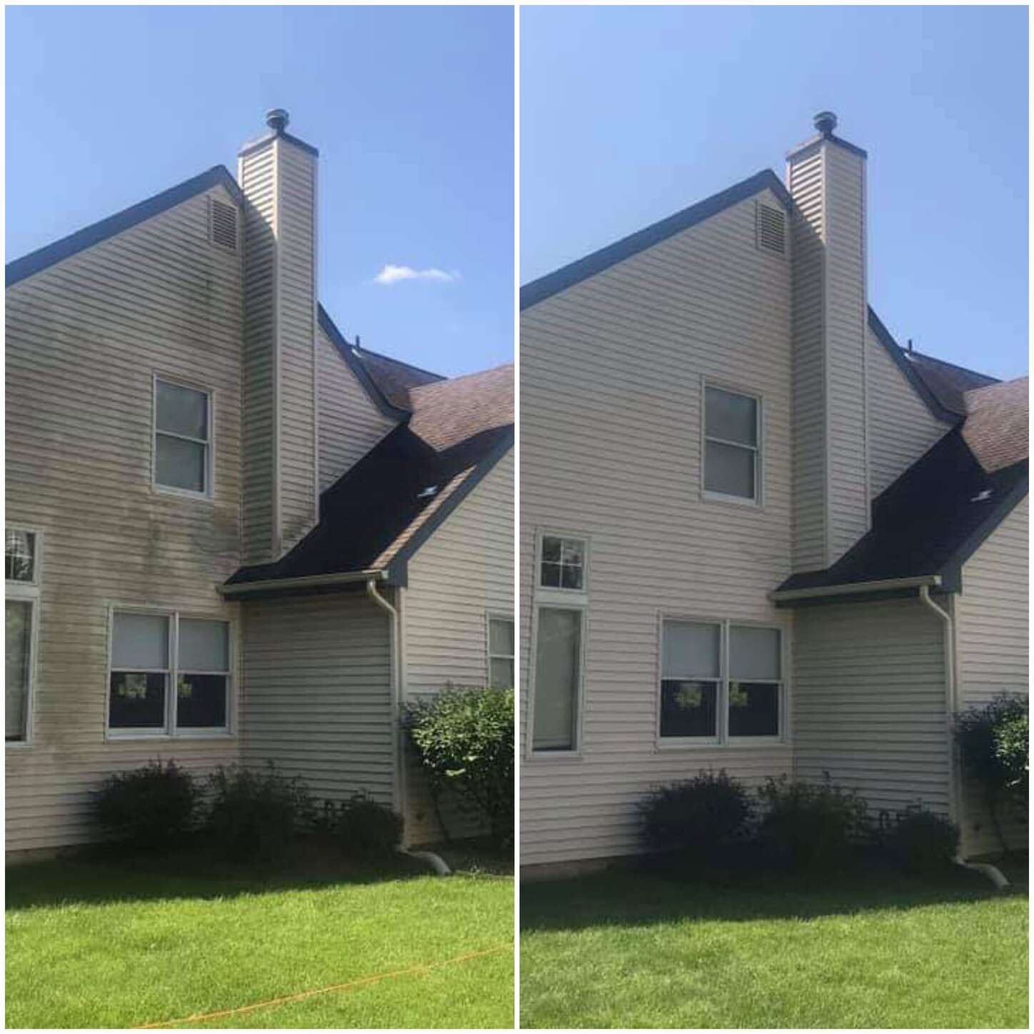 Before and after house washing showing clean siding after pressure washing in Akron Ohio